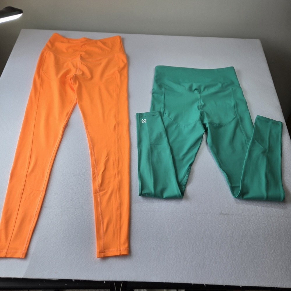 Sharny & Julius Leggings Women XL Orange Teal High Waist Pocket 2 Pack (B7)